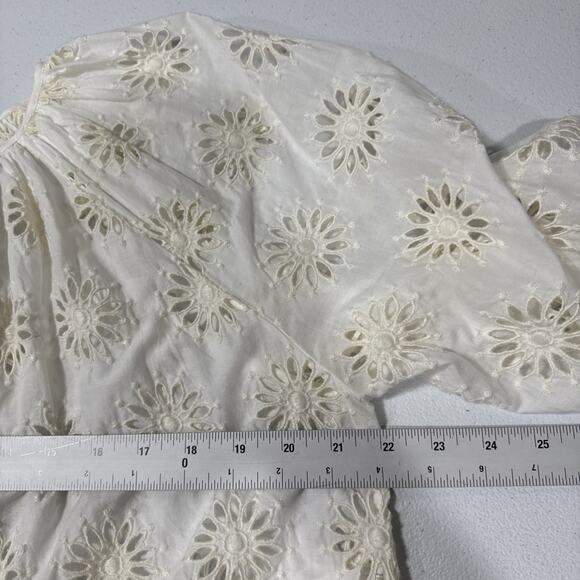 MADEWELL Embroidered Shirred Puff-Sleeve Top M Floral Eyelet Ivory Boho Peasant - Picture 9 of 12